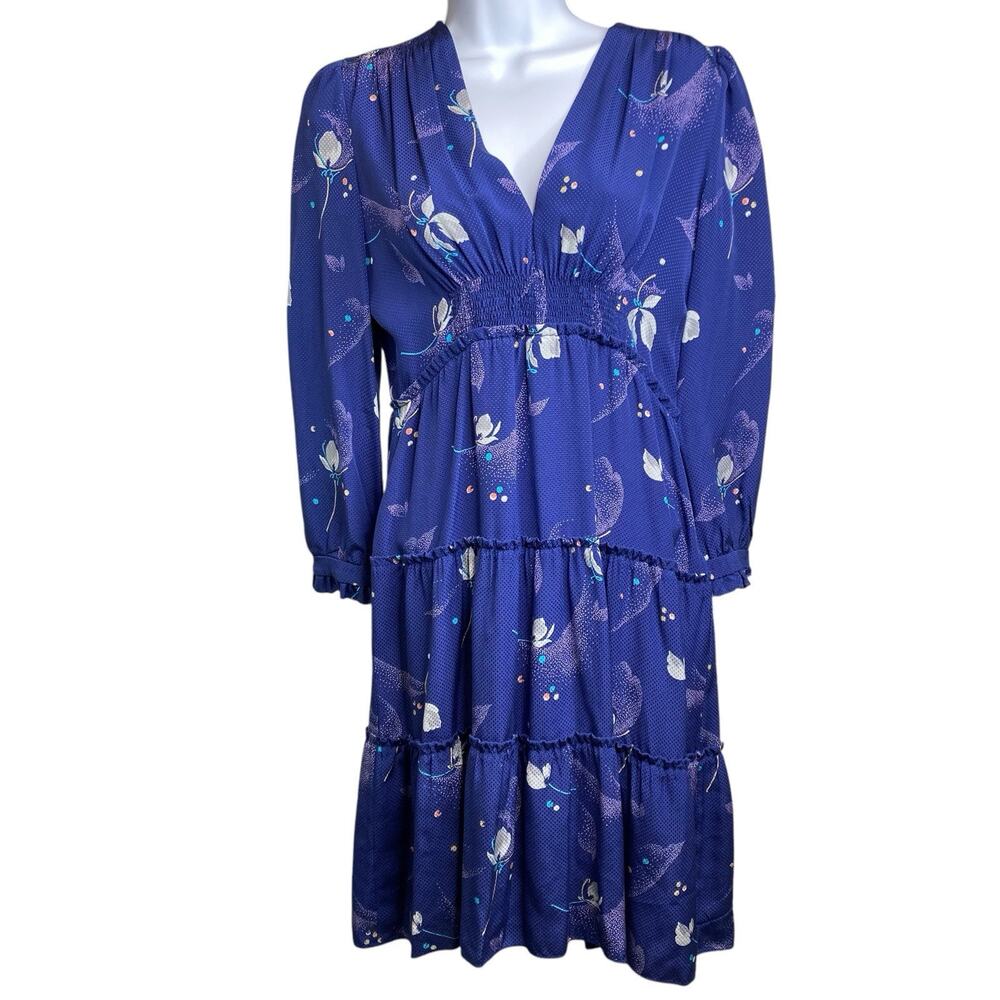 Derek Lam Black Label Womens Blue Floral Tiered 100% Silk Dress Size 6 Boho Luxe